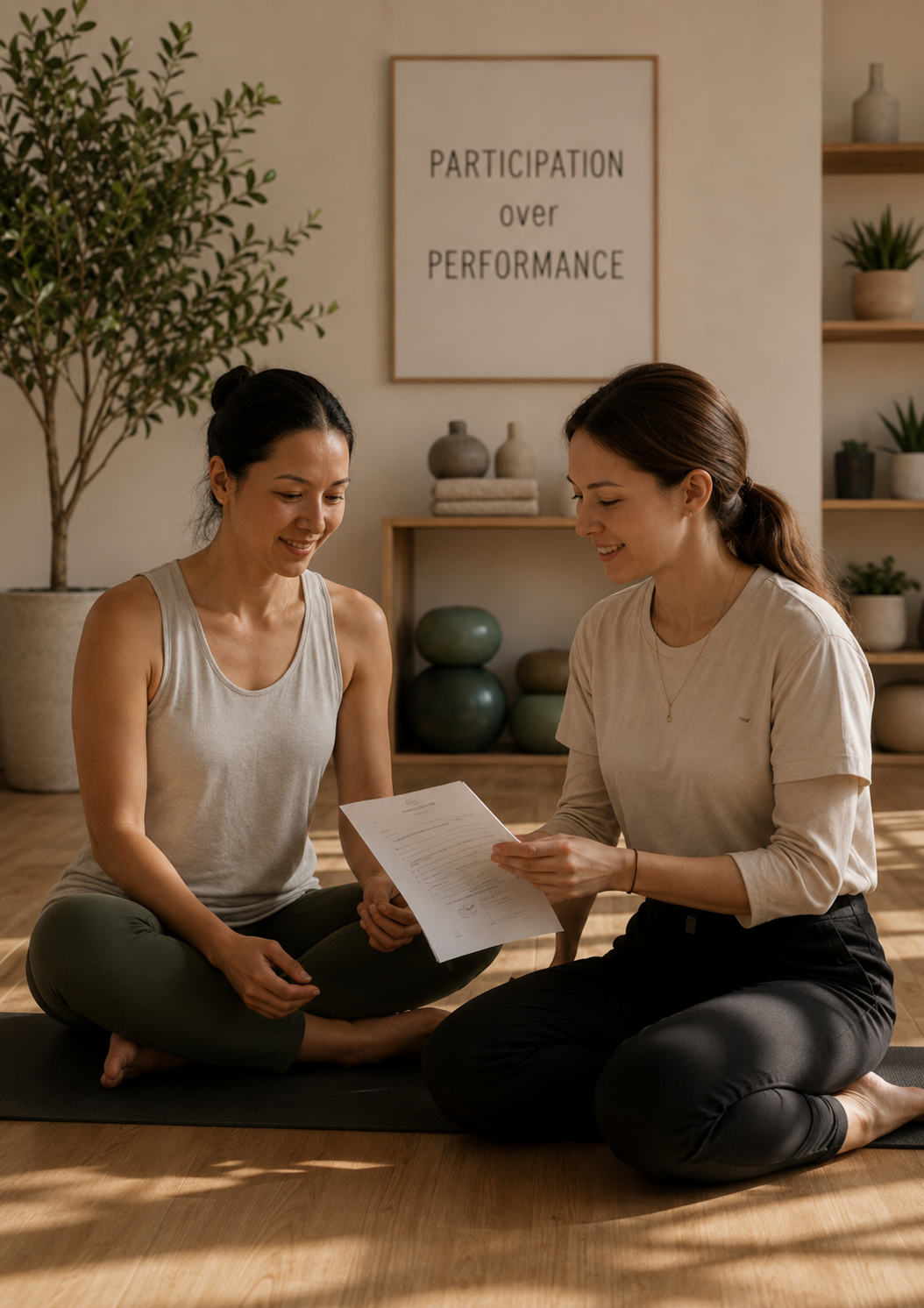 A Recovery Movement facilitator and participant reviewing a take-home movement resource together.