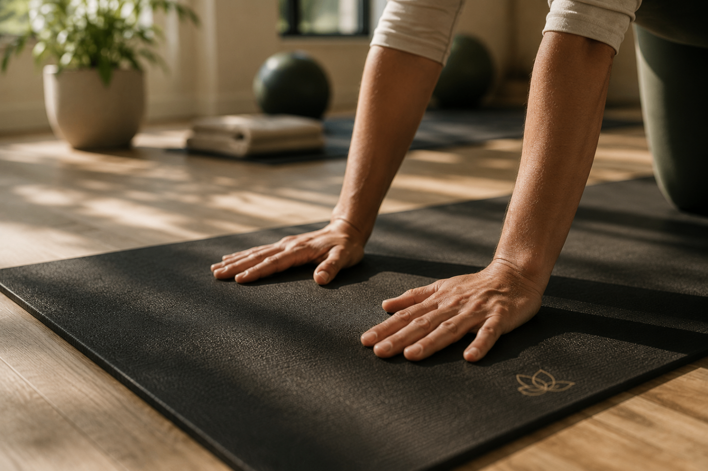 Close-up of hands resting gently on a dark movement mat in warm natural light.