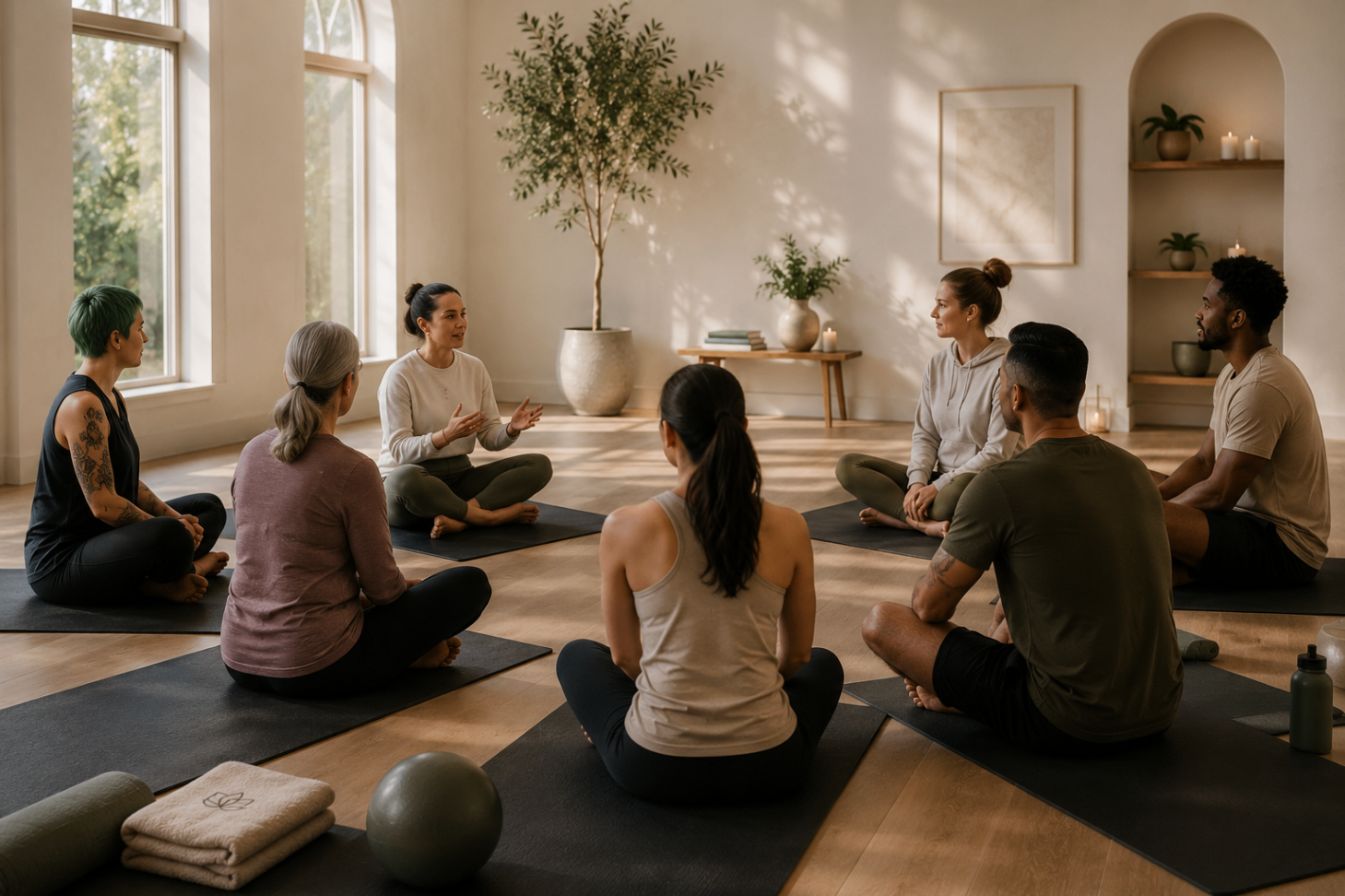 A facilitator speaking softly with participants seated in a small circle on mats.